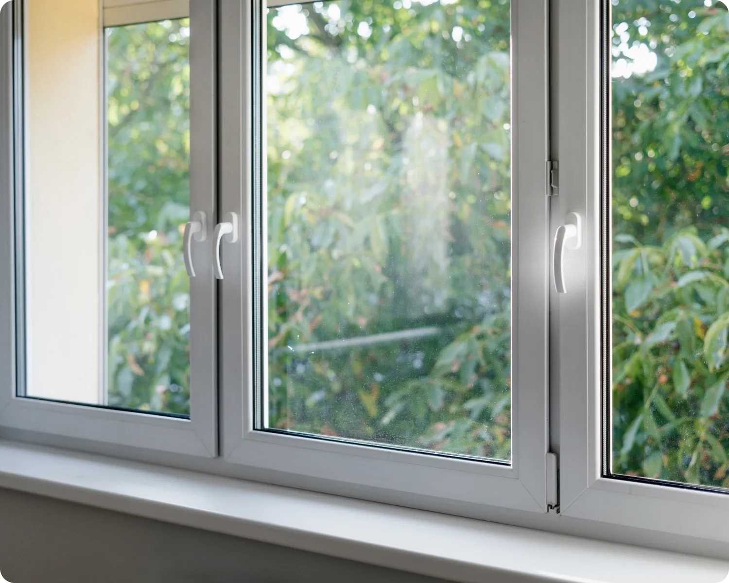 New white-framed replacement window with two handles looking out to green trees from inside a room