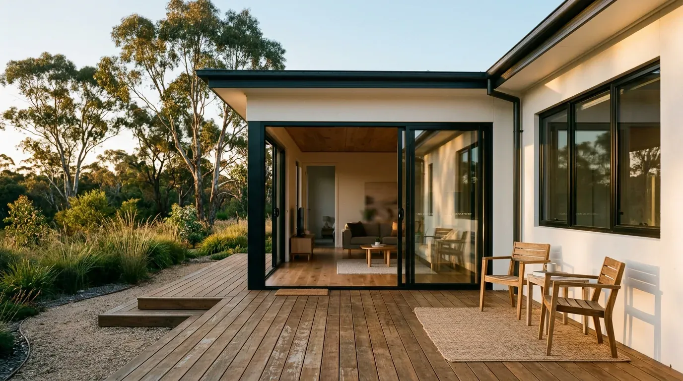 Black aluminium sliding doors open from a living room onto a timber deck at golden hour, with gum trees beyond