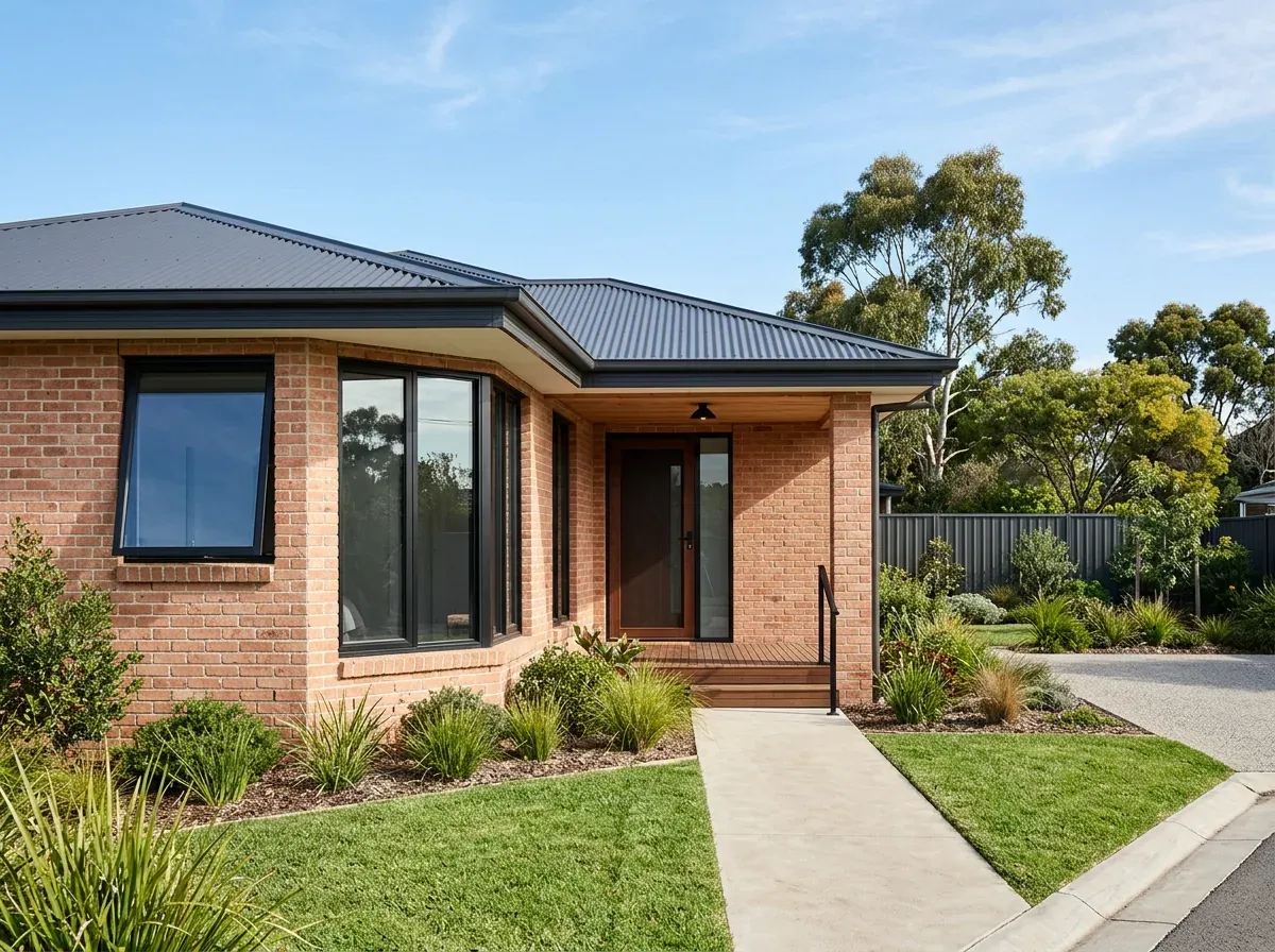 New black aluminium awning and fixed windows set into the red brick walls of a single-storey home