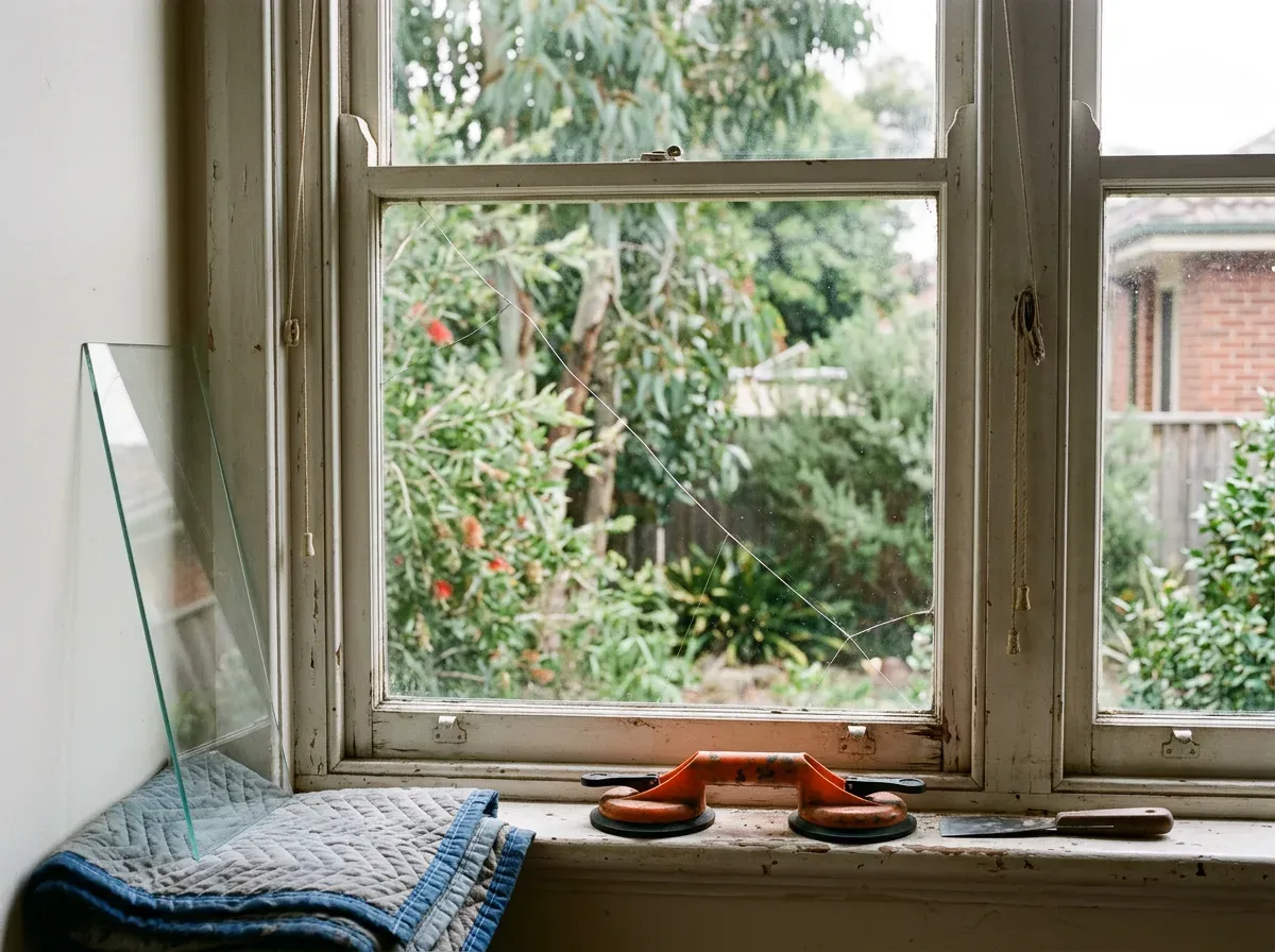 Cracked pane in an old timber window with a new sheet of glass and a suction cup lifter ready on the sill