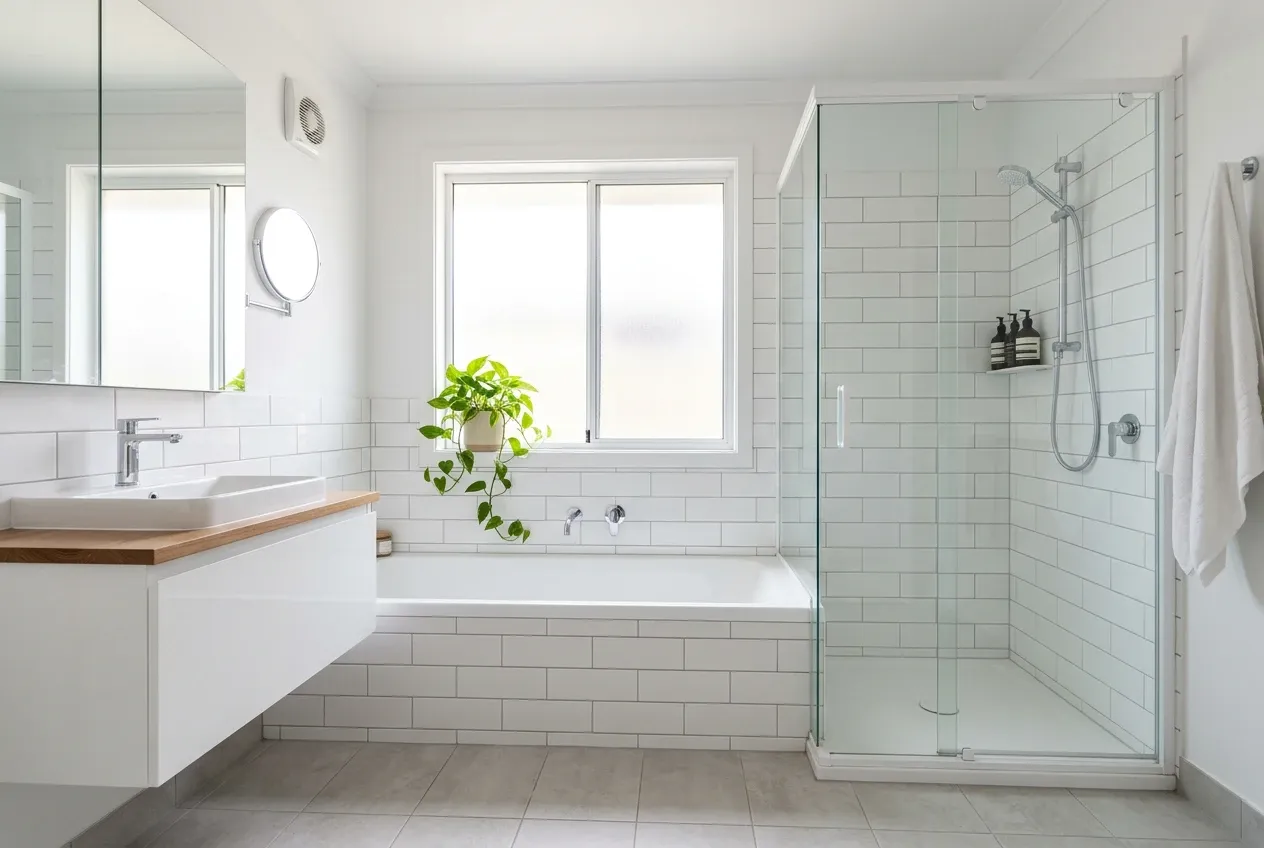 Semi-frameless corner shower screen with a hinged door beside a white bath in a subway tiled family bathroom