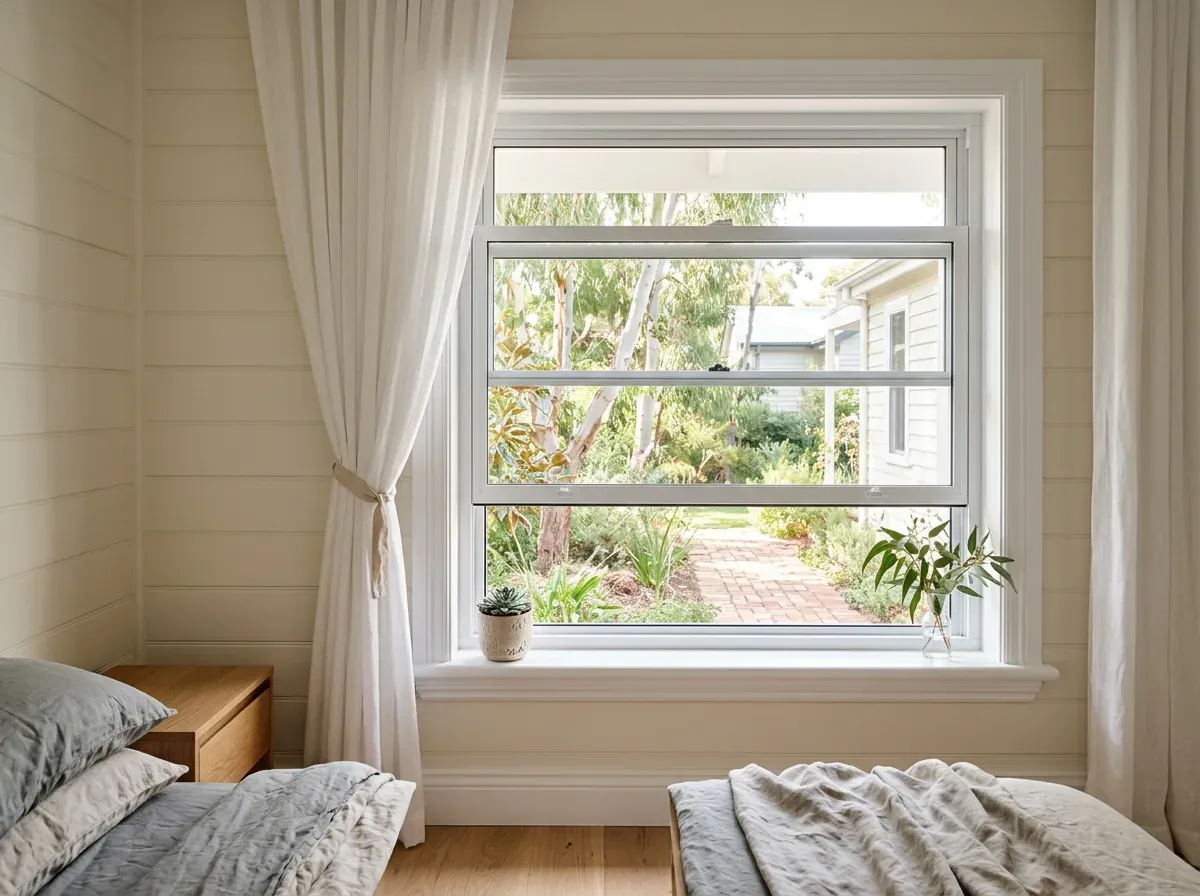White aluminium double-hung window with the lower sash raised in a weatherboard cottage bedroom, gum trees outside