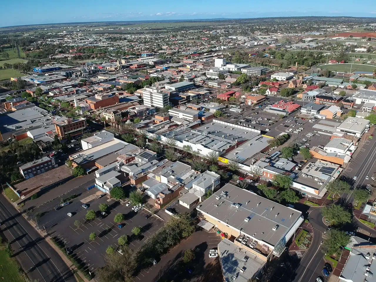 Aerial photograph of Dubbo city centre, showing shops, streets and surrounding neighbourhoods