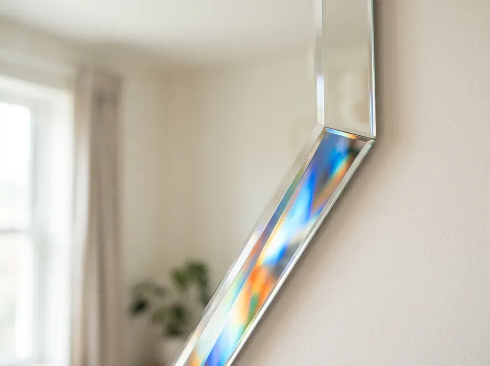 Corner of a bevelled-edge mirror with the angled border catching a rainbow of light