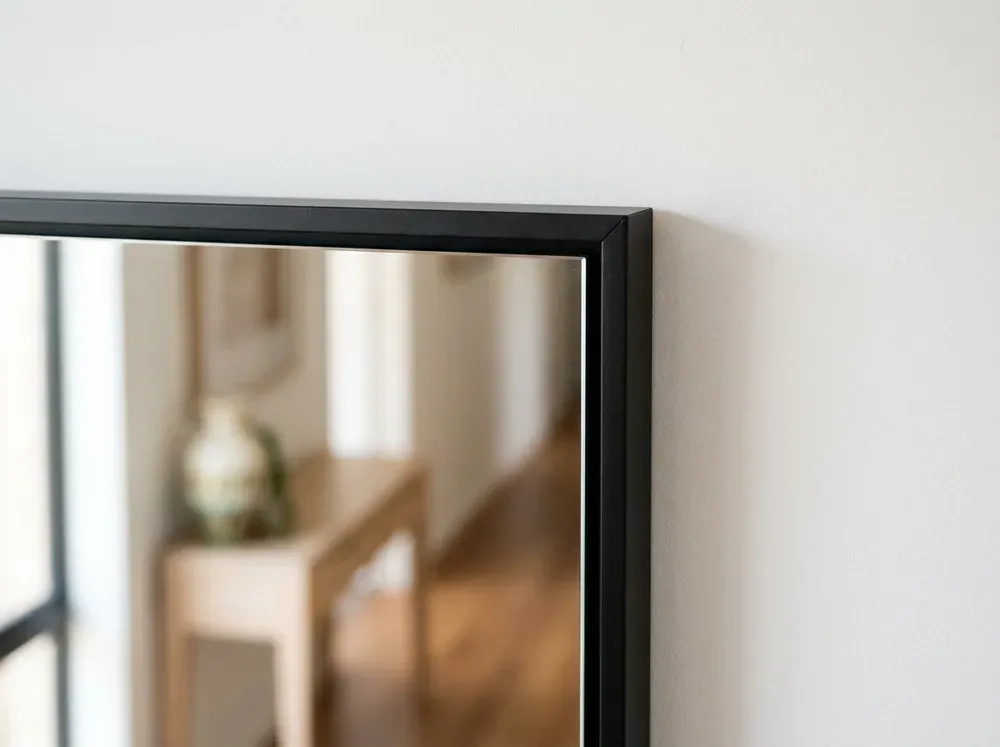 Corner of a wall mirror in a slim matte black frame reflecting a hallway console