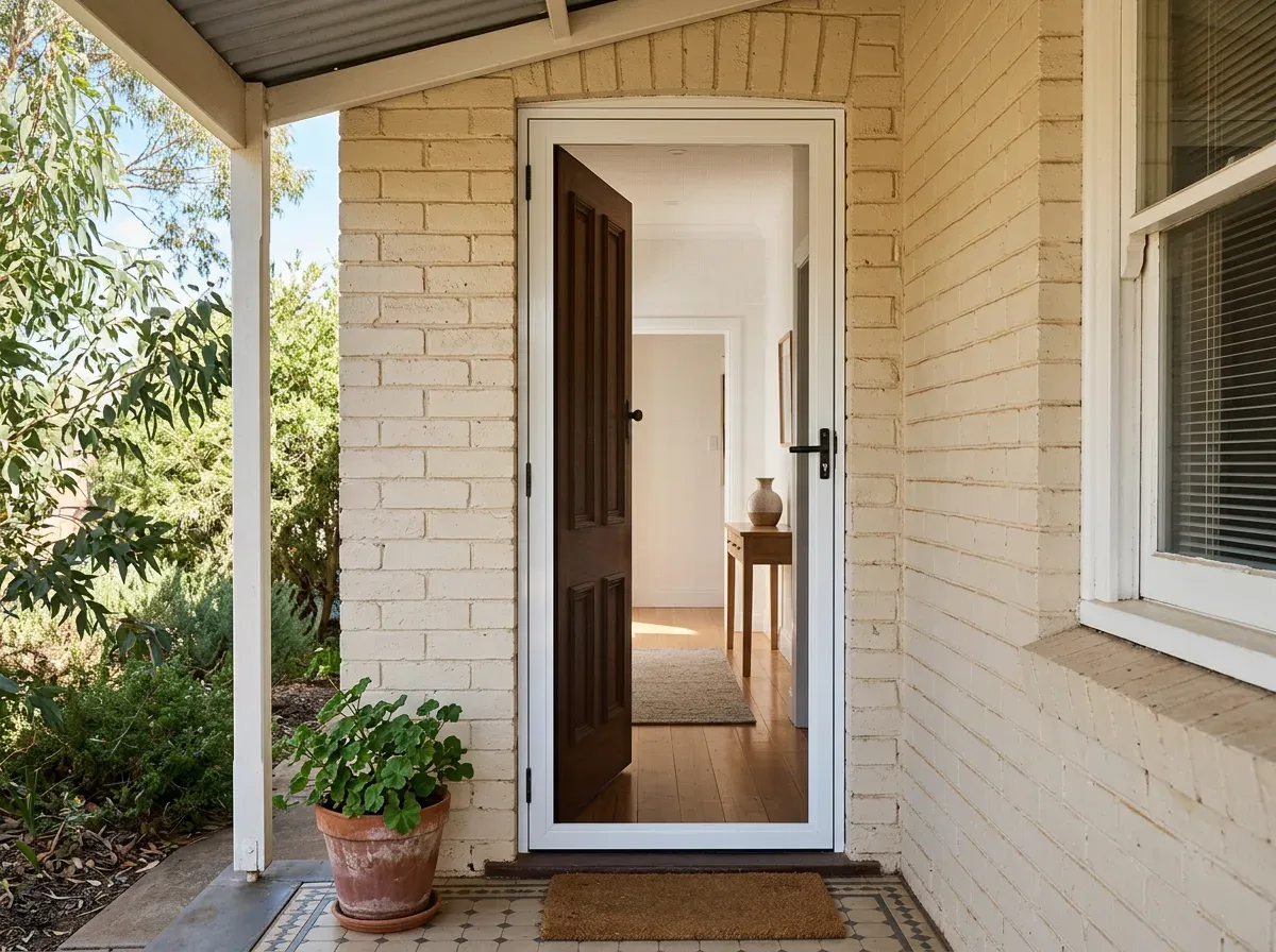 White aluminium fly screen door fitted over an open front door on a brick Dubbo home