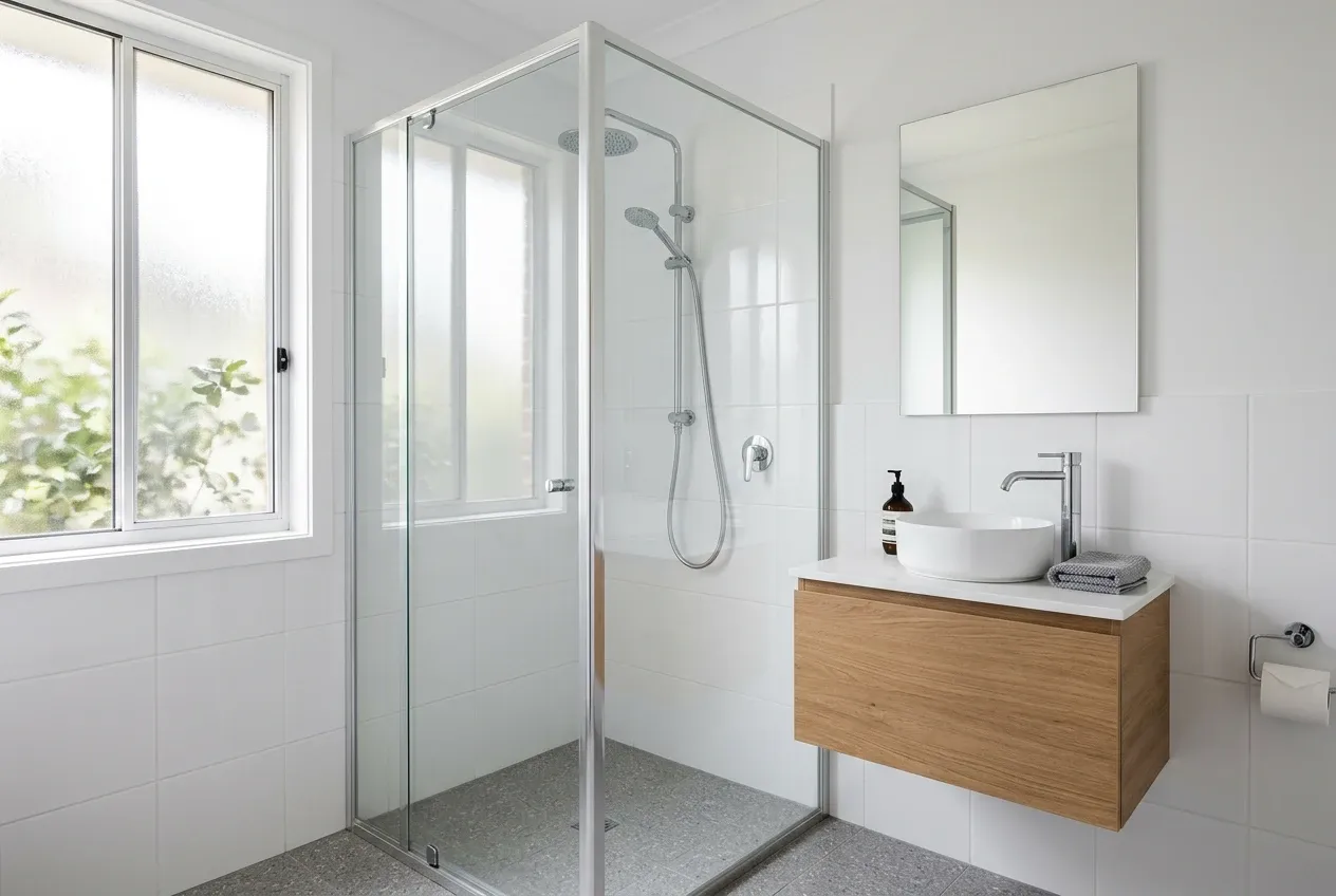 Fully framed shower screen with a silver aluminium frame and pivot door in a white ensuite