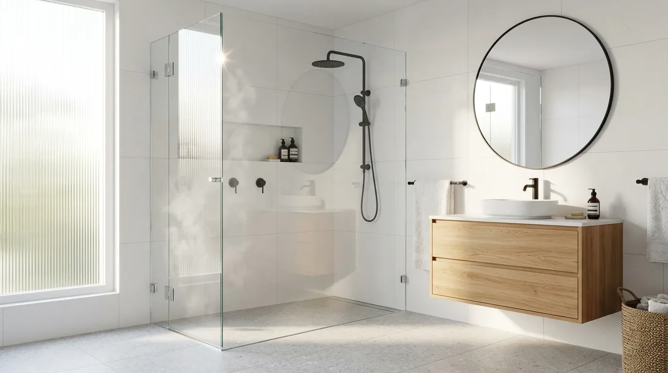 Frameless glass shower screen with matte black rain shower and a round mirror above an oak vanity