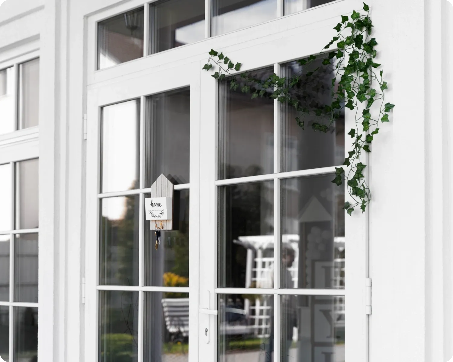 White aluminium French doors with divided glass panes and a trailing plant above the frame