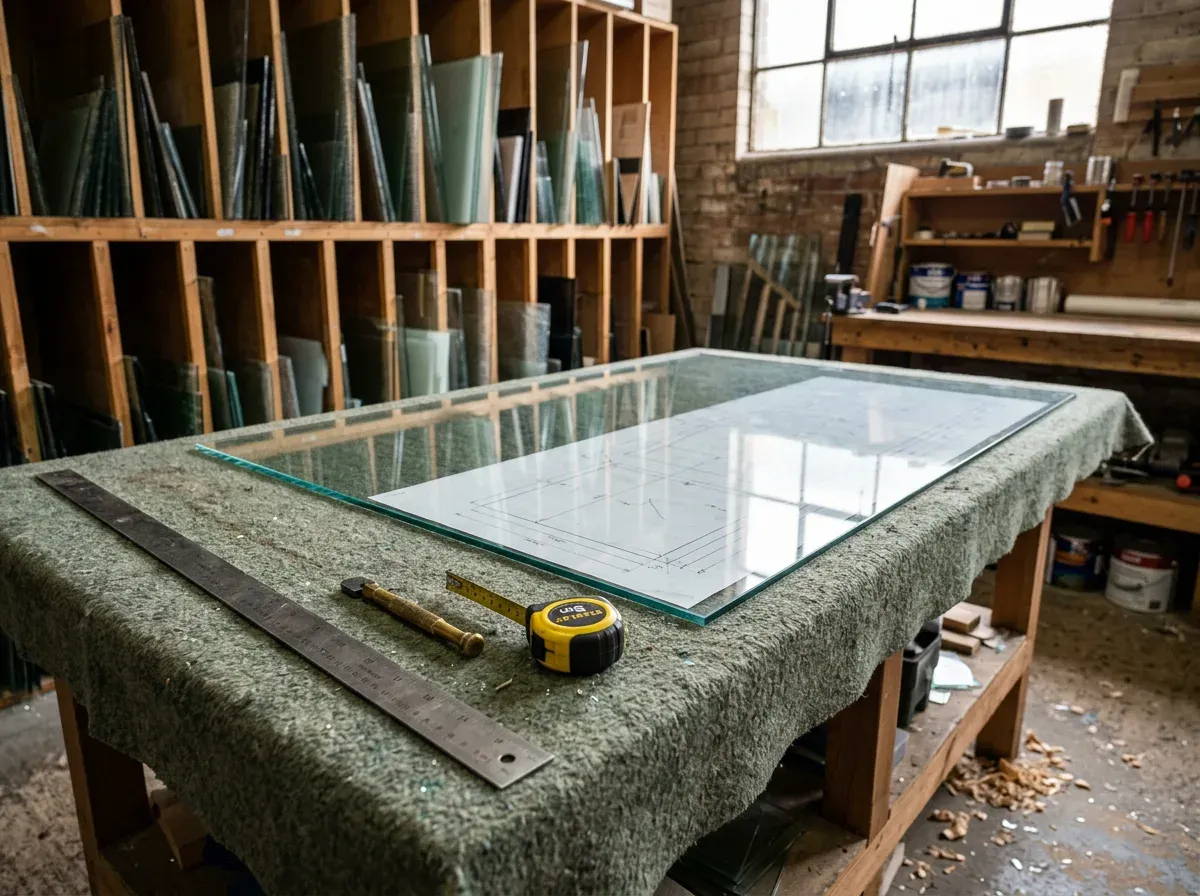Clear glass table top with polished edges on a felt-covered cutting bench, with a steel rule, glass cutter and tape measure
