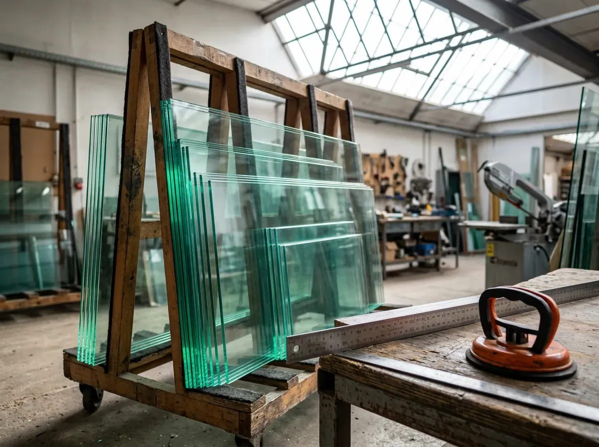 Clear glass panes stacked on a timber A-frame rack in a glazing workshop, with a steel rule and suction lifter on the bench