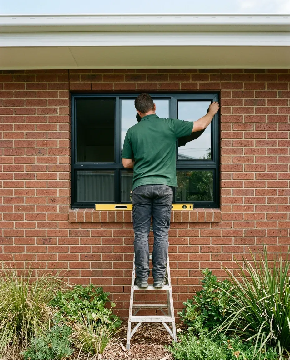 A1 installer on a step ladder fitting a new black aluminium window into the brick wall of a Dubbo home