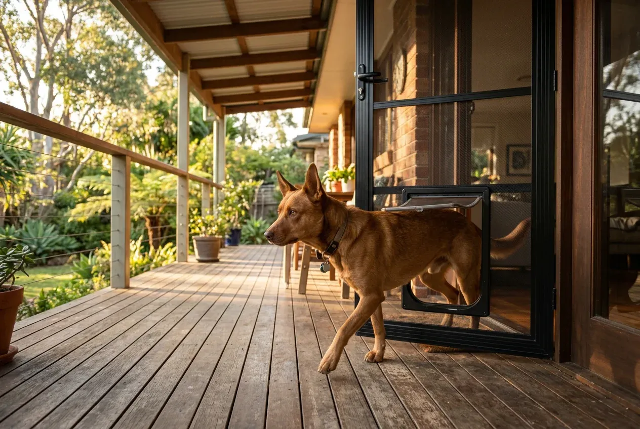 Red kelpie stepping through a pet door in a black mesh safety screen door onto a timber verandah