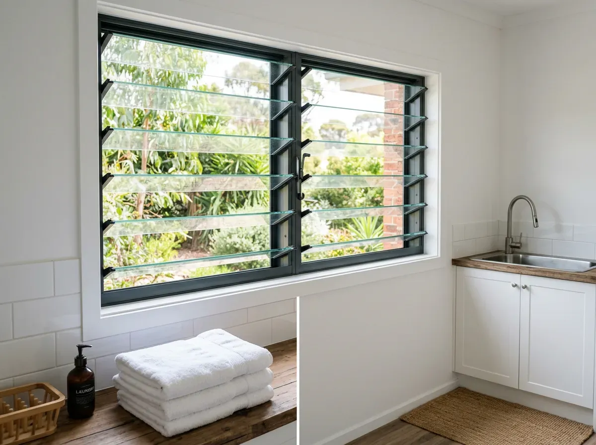 Charcoal aluminium louvre window with clear glass blades tilted open above a laundry bench