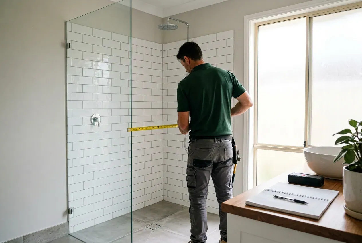 Installer in a green work shirt measuring a tiled shower recess with a tape measure, with a laser measure and notebook on the vanity