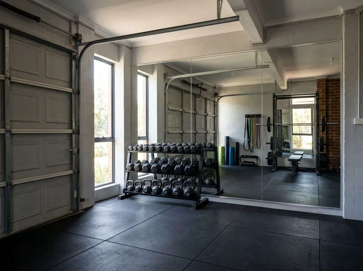 Wall-to-wall frameless mirror in a home gym with a rack of dumbbells and rubber flooring