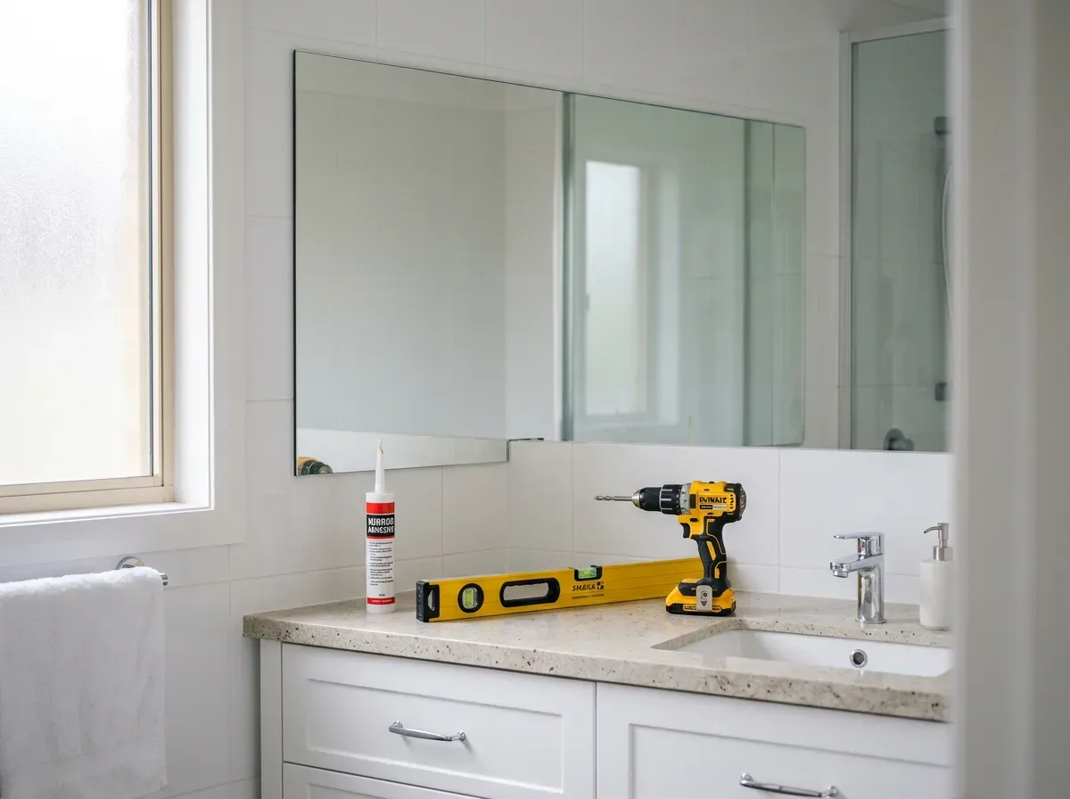 New frameless mirror fitted above a vanity with a drill, spirit level and adhesive on the bench