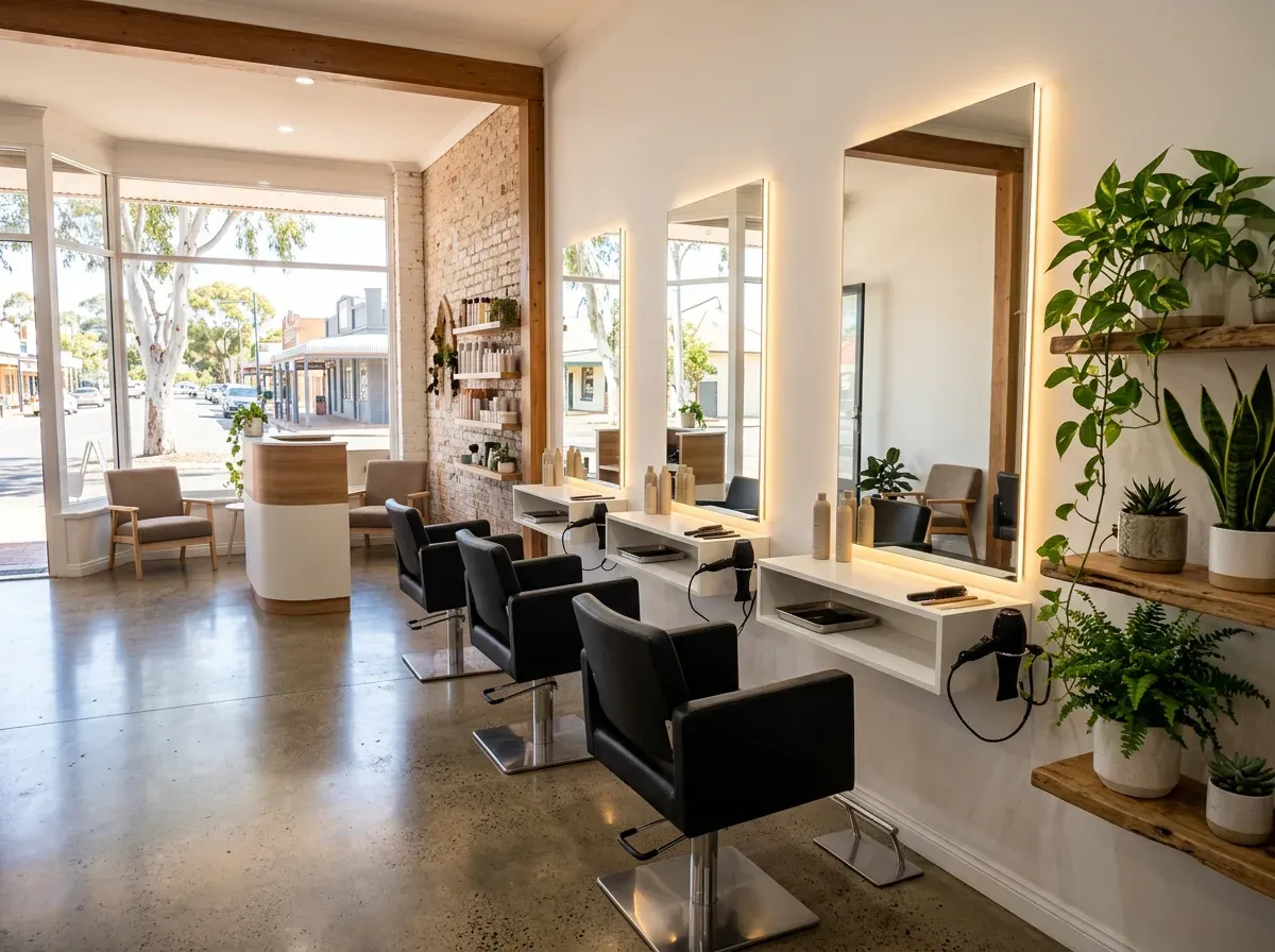Row of large backlit mirrors above white styling stations in a bright hair salon
