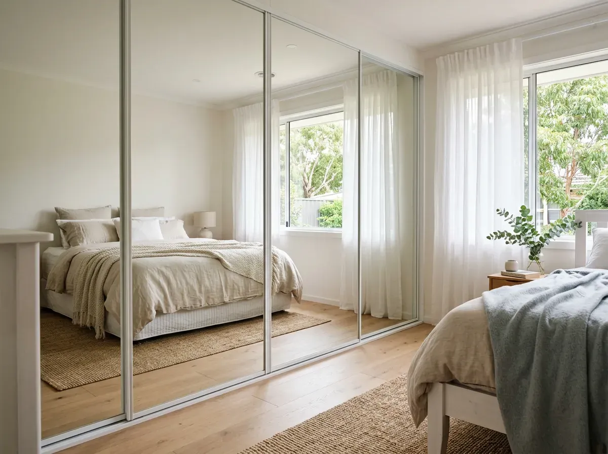 Floor-to-ceiling mirrored sliding wardrobe doors in slim white frames reflecting a made bed and sheer curtains