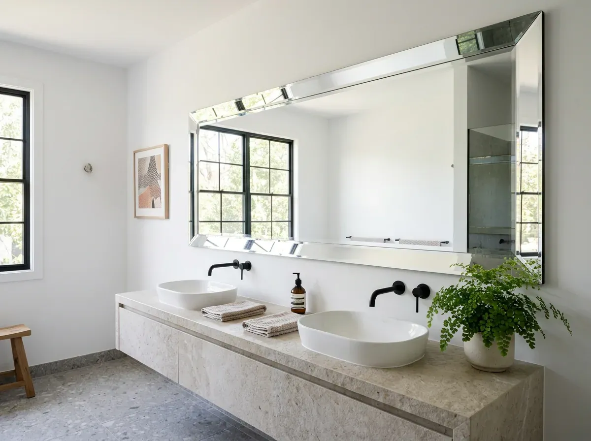 Wide bevelled-edge wall mirror above a double stone vanity with black taps in a bright bathroom