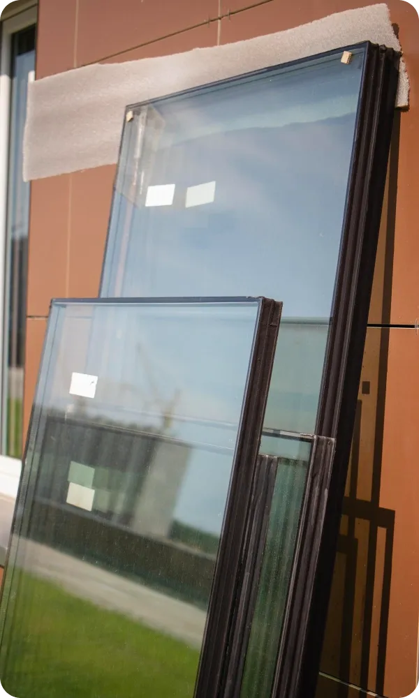 Framed glass units wrapped in protective foam, leaning against a brown-clad wall ready for installation