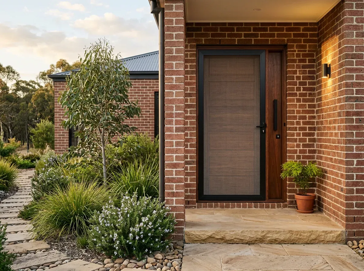Stainless steel mesh safety screen door in a black frame fitted over a timber front door of a brick home
