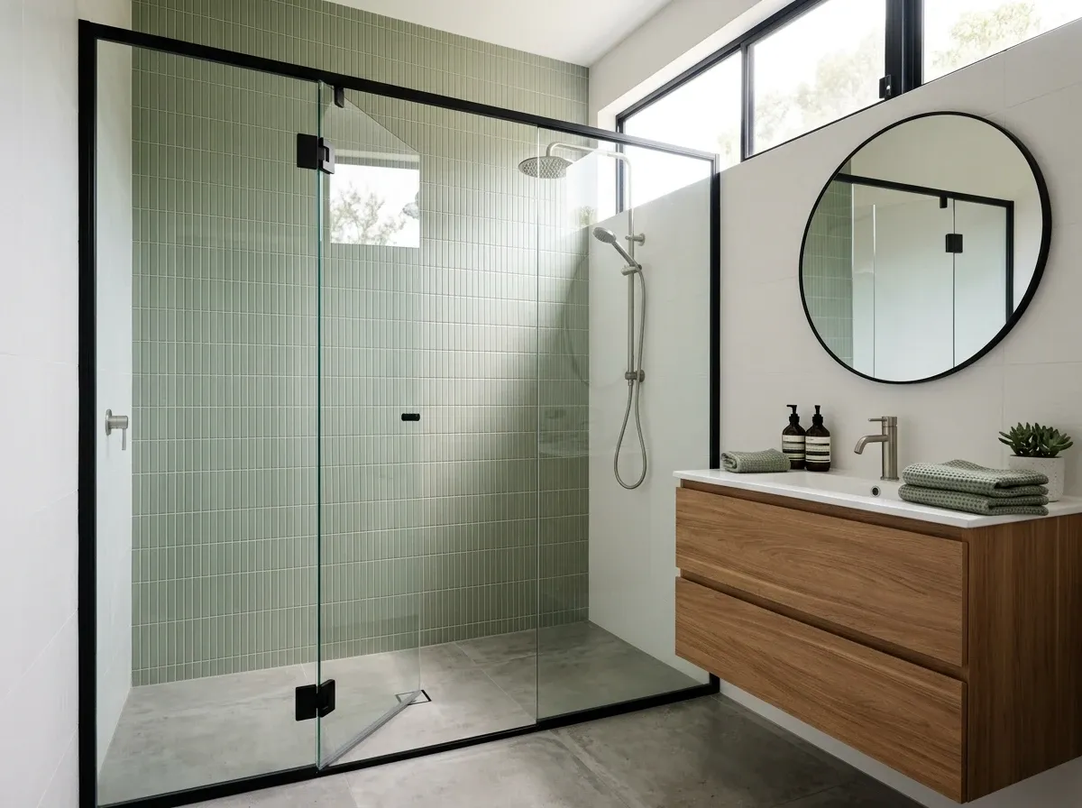 Semi-frameless shower screen with a matte black frame and clear glass pivot door beside sage green tiles