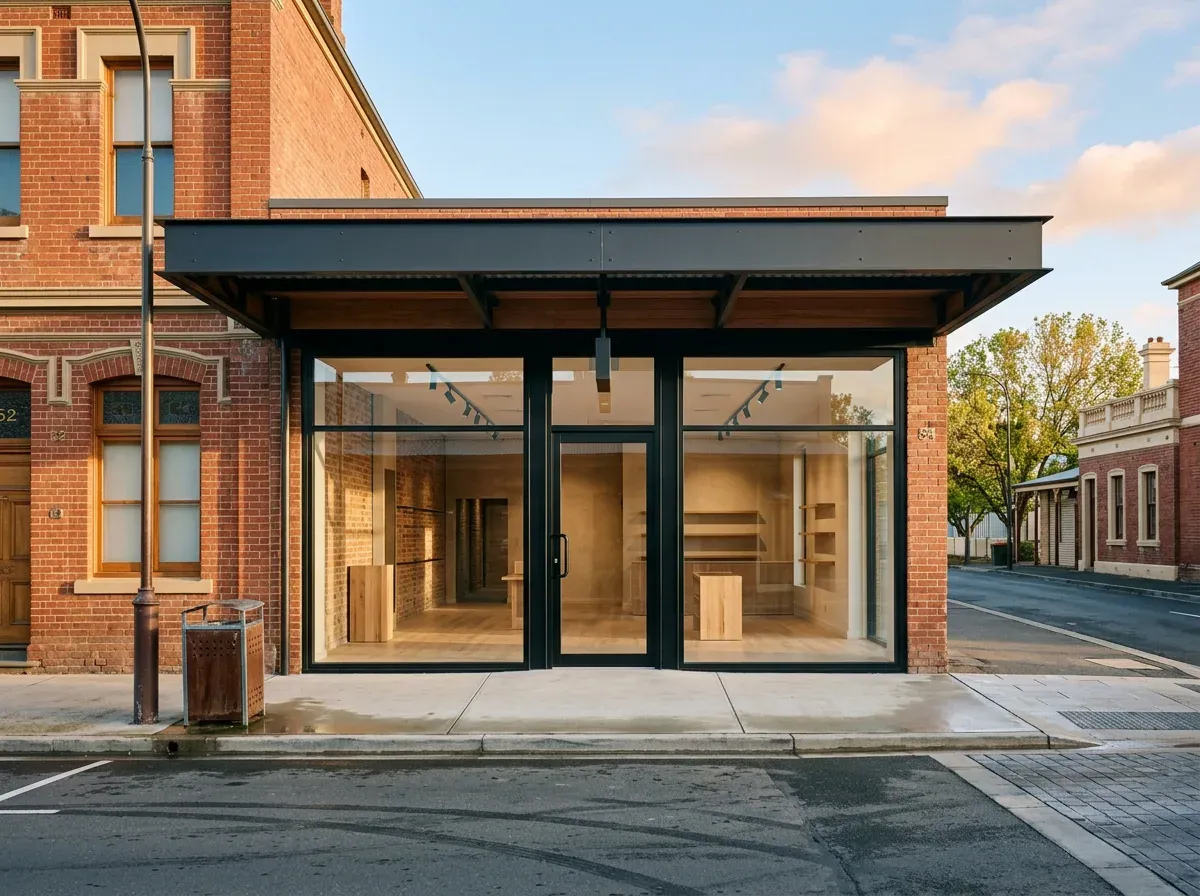 New aluminium-framed glass shop front with a glass entry door on a regional main street beside heritage brick shops