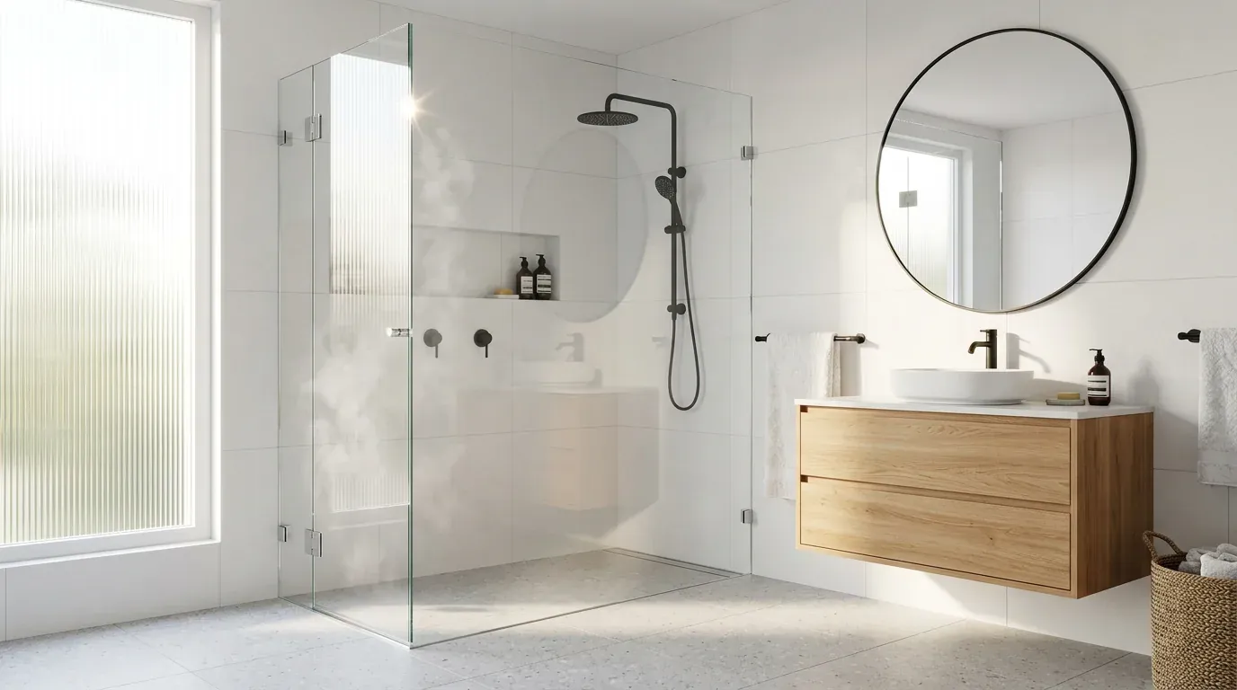 Frameless glass shower screen with chrome hinges in a white tiled bathroom with an oak vanity and round mirror