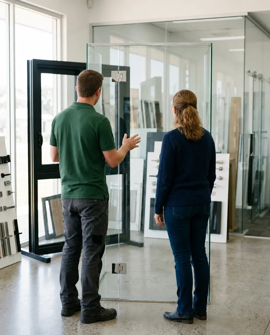 A1 Glass and Showers team member showing a customer a frameless shower screen in the Dubbo showroom