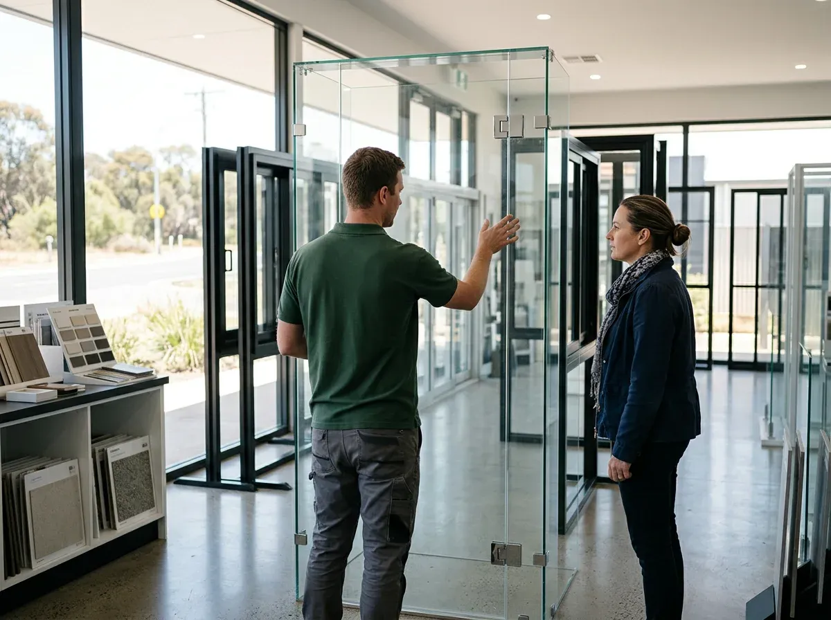 A1 Glass and Showers team member showing a customer a frameless shower screen in the Dubbo showroom