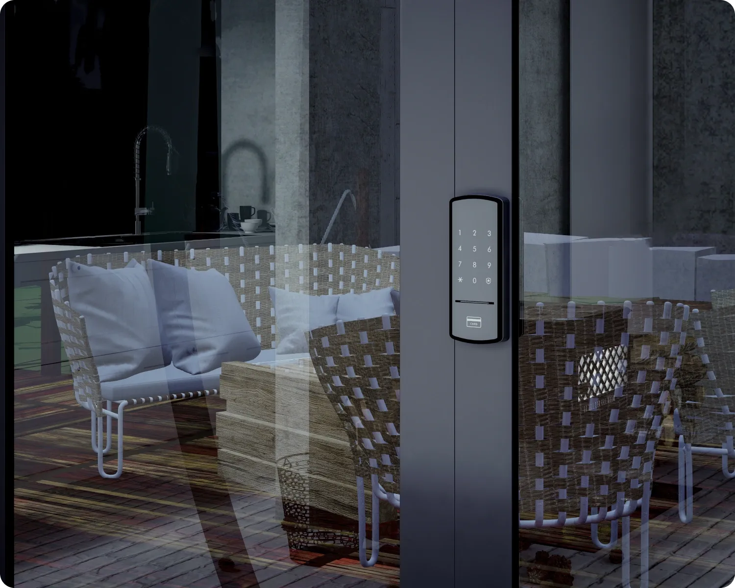 Keypad lock on a charcoal aluminium sliding door, with outdoor lounge chairs behind the glass