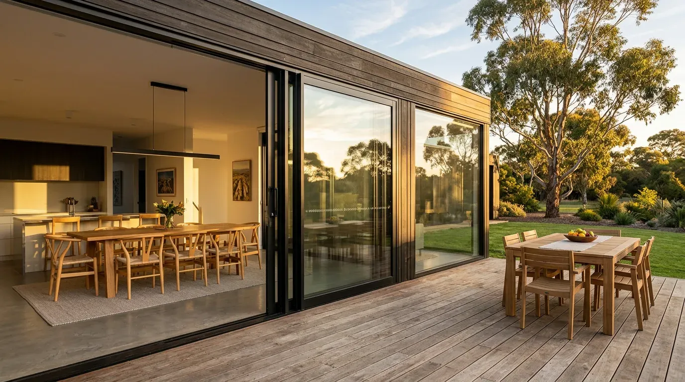 Black aluminium stacker doors slid fully open between a dining room and a timber deck in late afternoon light