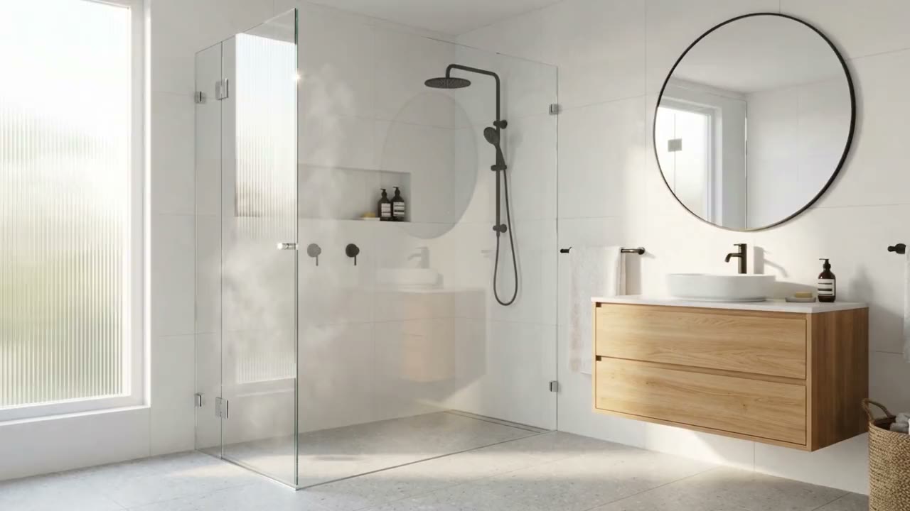 Frameless glass shower screen with matte black tapware, a round mirror and an oak vanity in a bright white bathroom
